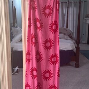 NWT Vibrant Pink Maxi Dress with Red Sunburst Design